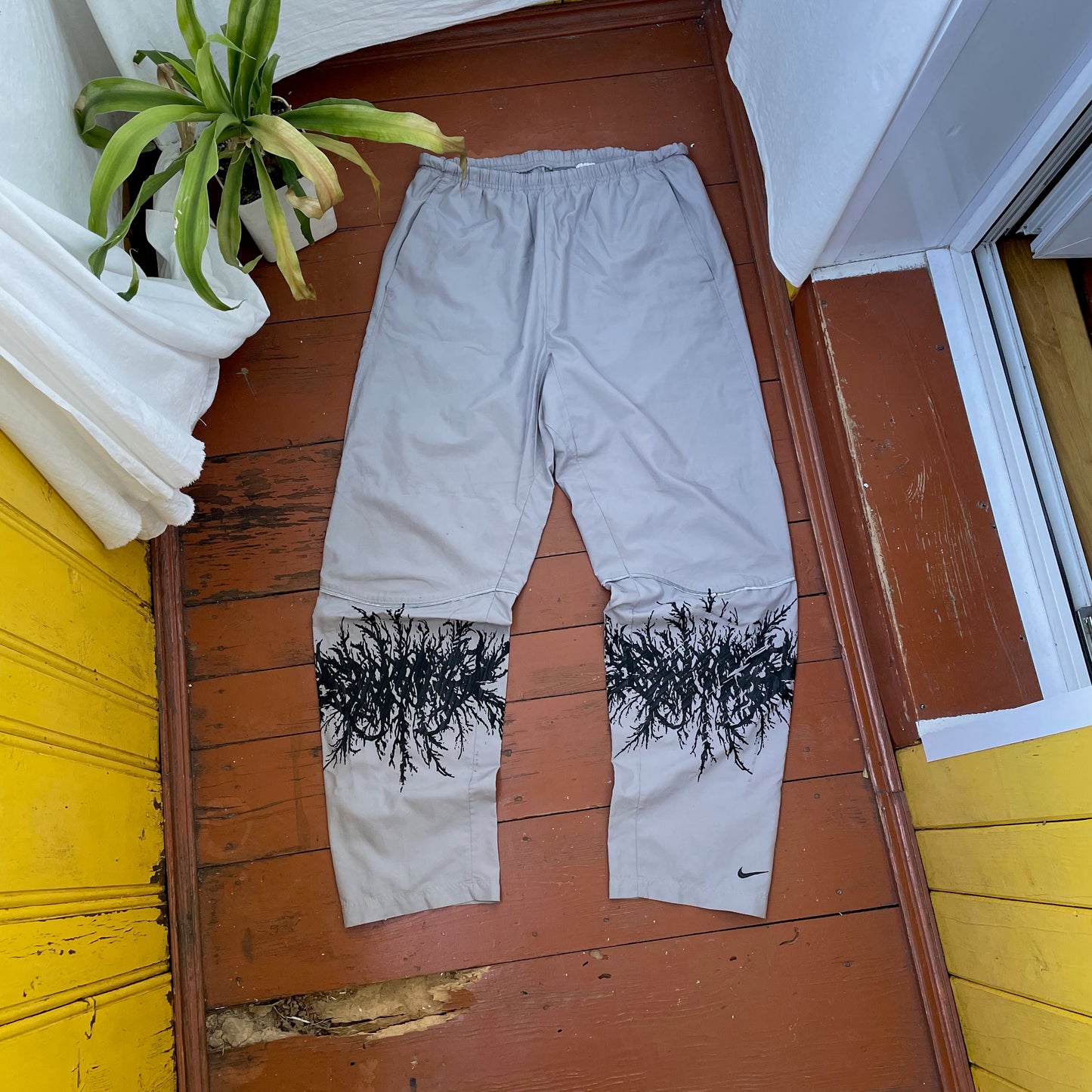 Custom Nike Tech Pants – Black Grunge Root Print | Vintage Streetwear 1 of 1