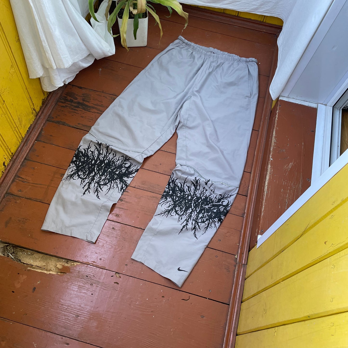 Custom Nike Tech Pants – Black Grunge Root Print | Vintage Streetwear 1 of 1