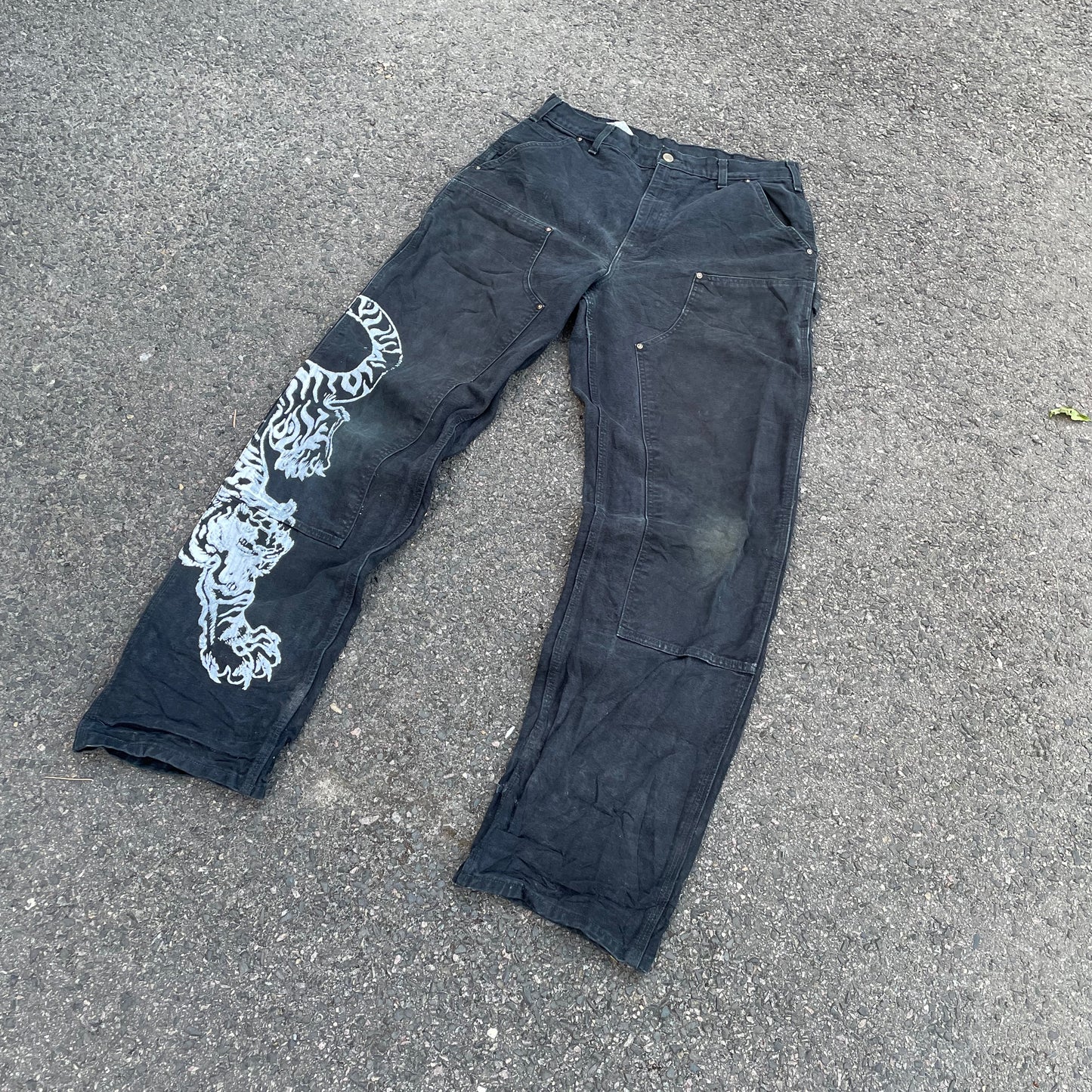 Custom Carhartt Tiger Print Work Pants – Black with White Artwork | 1 of 1 Reworked