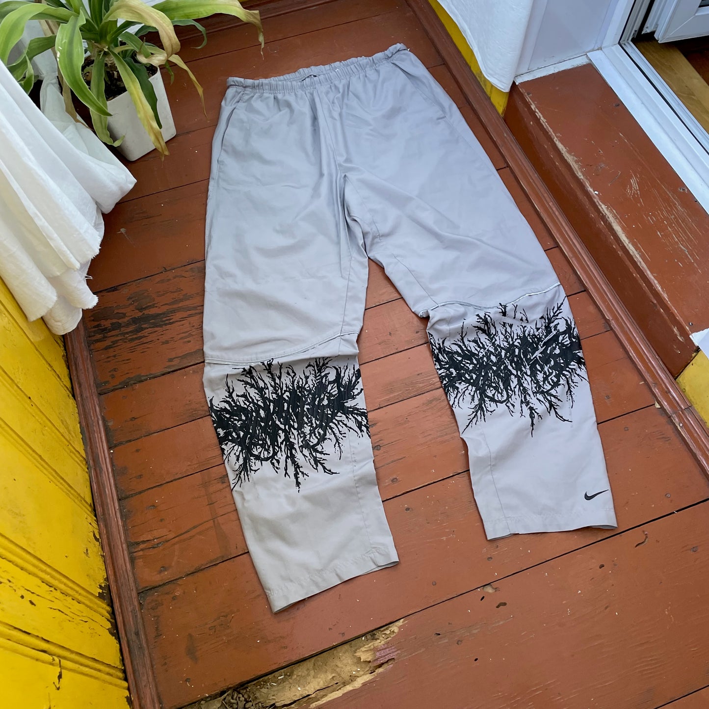 Custom Nike Tech Pants – Black Grunge Root Print | Vintage Streetwear 1 of 1