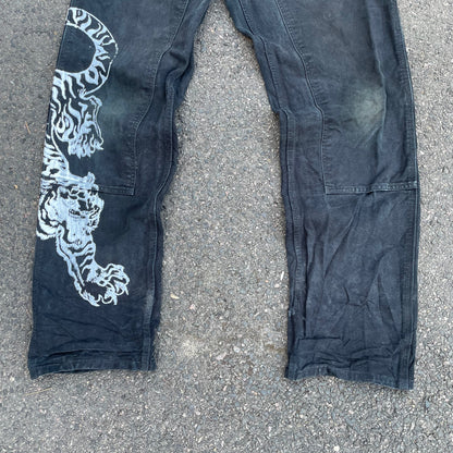 Custom Carhartt Tiger Print Work Pants – Black with White Artwork | 1 of 1 Reworked