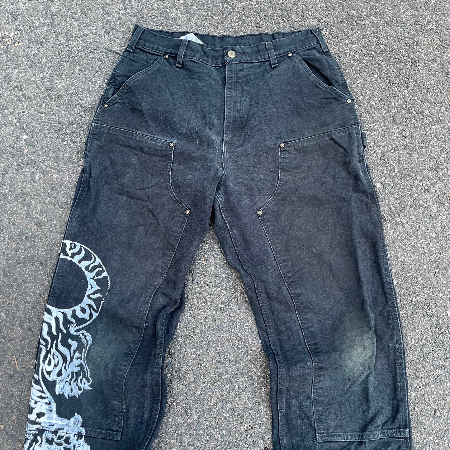 Custom Carhartt Tiger Print Work Pants – Black with White Artwork | 1 of 1 Reworked