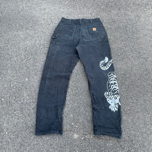 Custom Carhartt Tiger Print Work Pants – Black with White Artwork | 1 of 1 Reworked