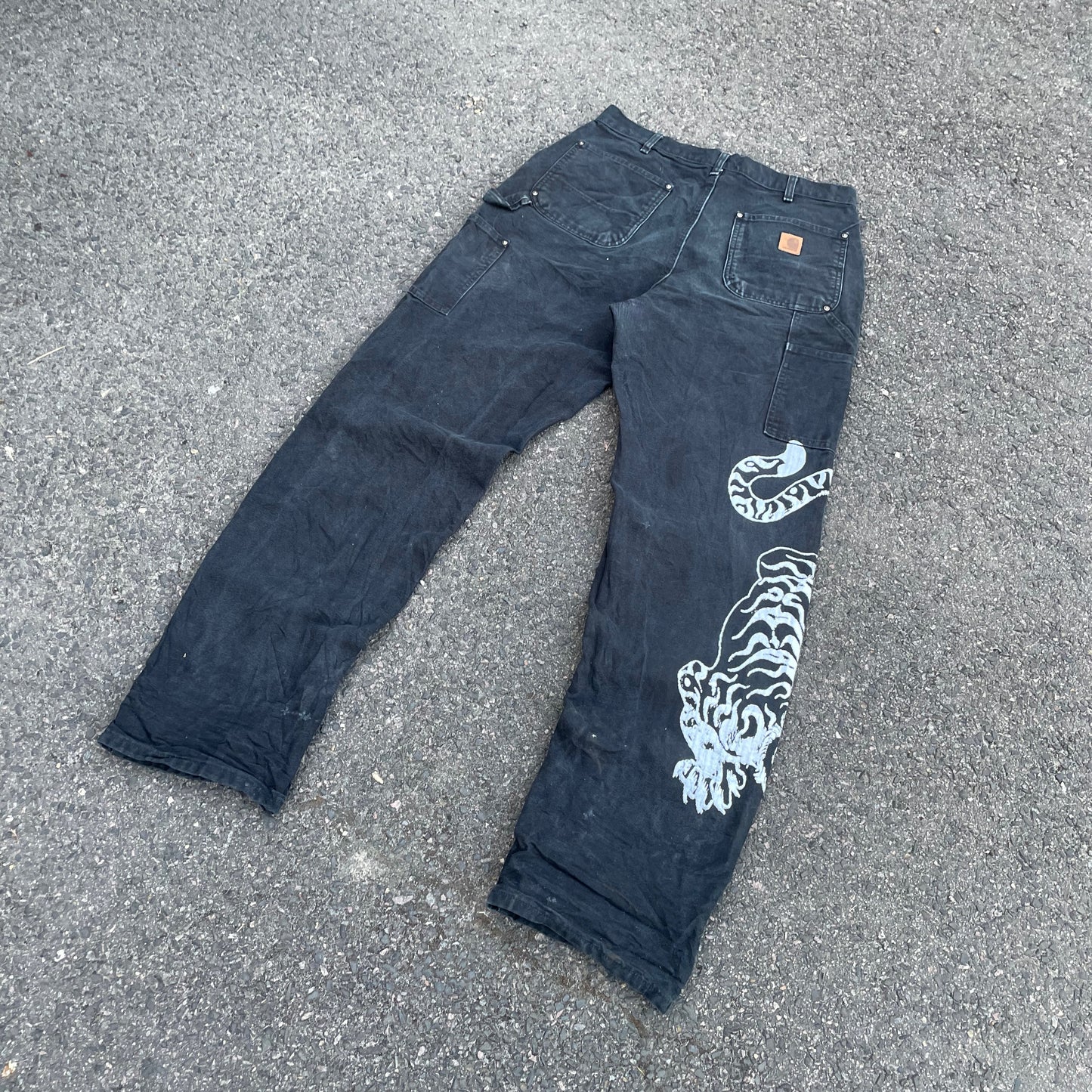 Custom Carhartt Tiger Print Work Pants – Black with White Artwork | 1 of 1 Reworked
