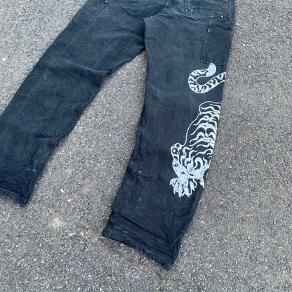 Custom Carhartt Tiger Print Work Pants – Black with White Artwork | 1 of 1 Reworked