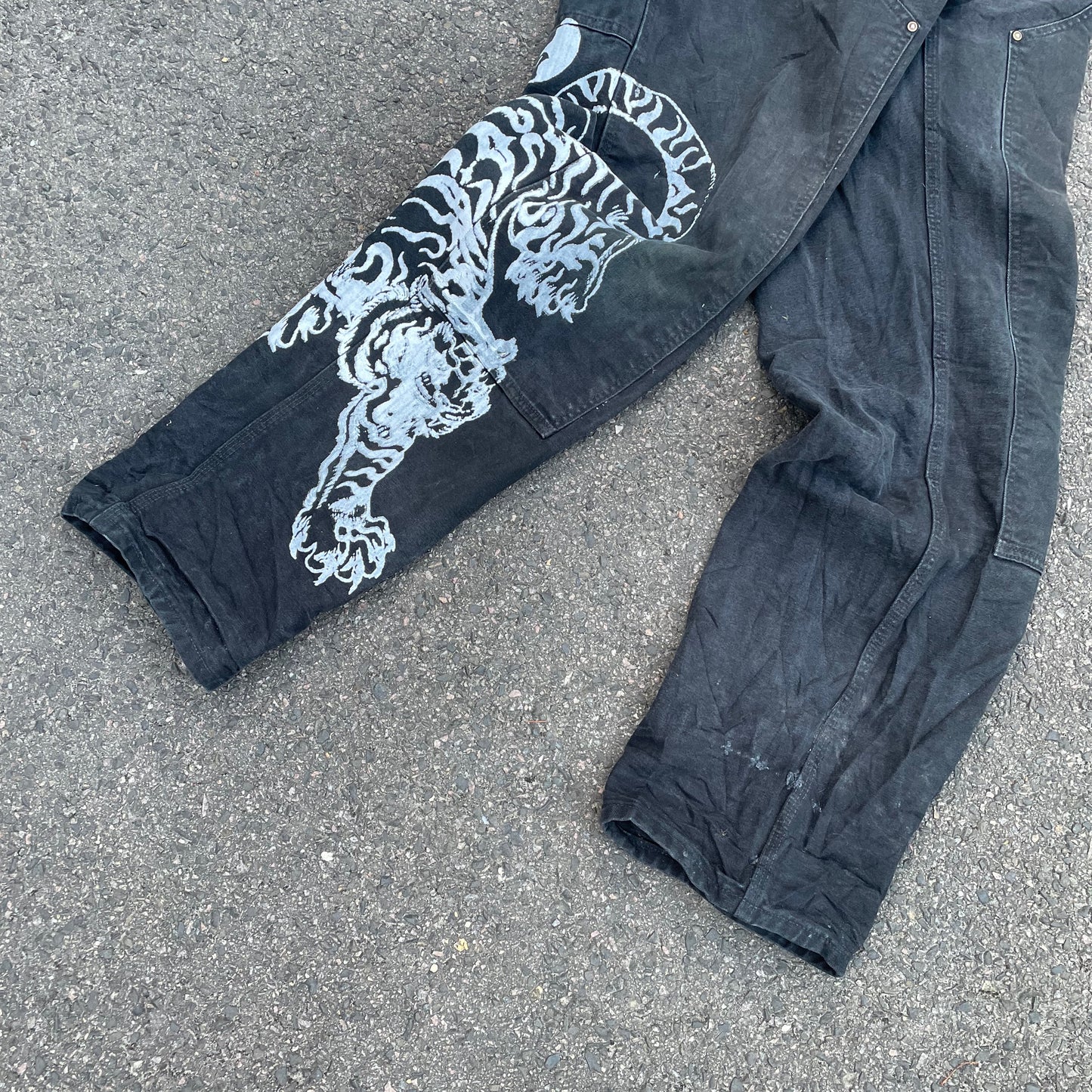 Custom Carhartt Tiger Print Work Pants – Black with White Artwork | 1 of 1 Reworked