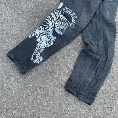 Custom Carhartt Tiger Print Work Pants – Black with White Artwork | 1 of 1 Reworked