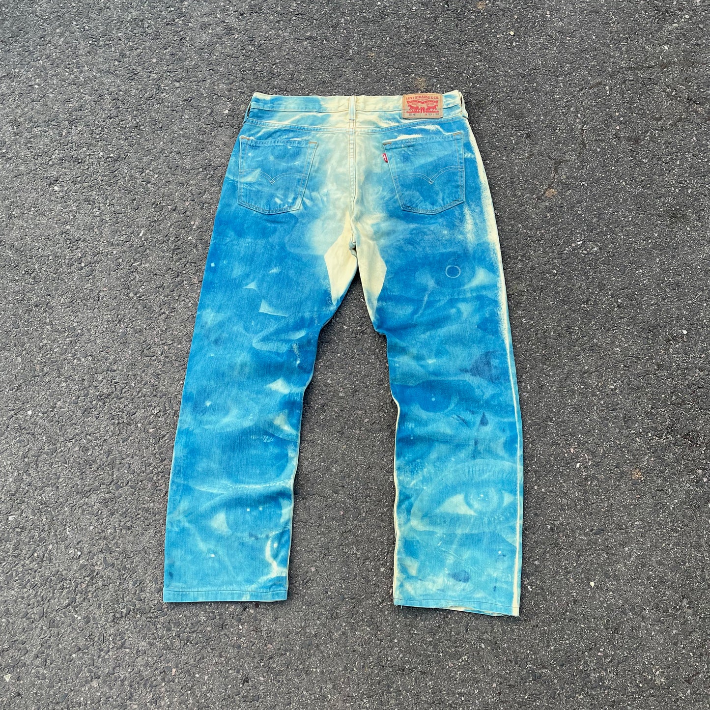 Custom Levi’s Blue Eye Print Jeans – Abstract Bleached Denim 1 of 1 Reworked Art