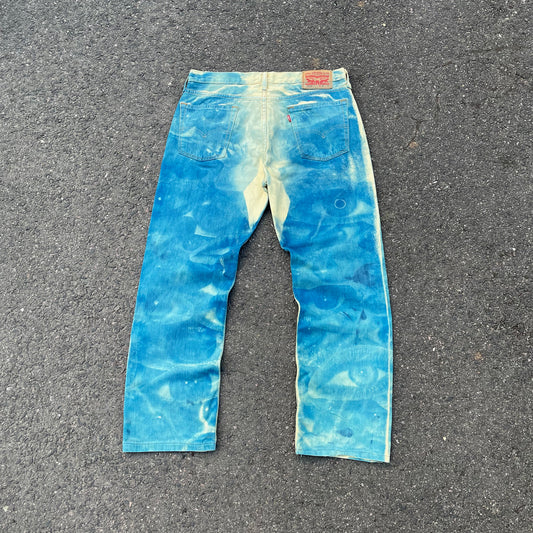 Custom Levi’s Blue Eye Print Jeans – Abstract Bleached Denim 1 of 1 Reworked Art