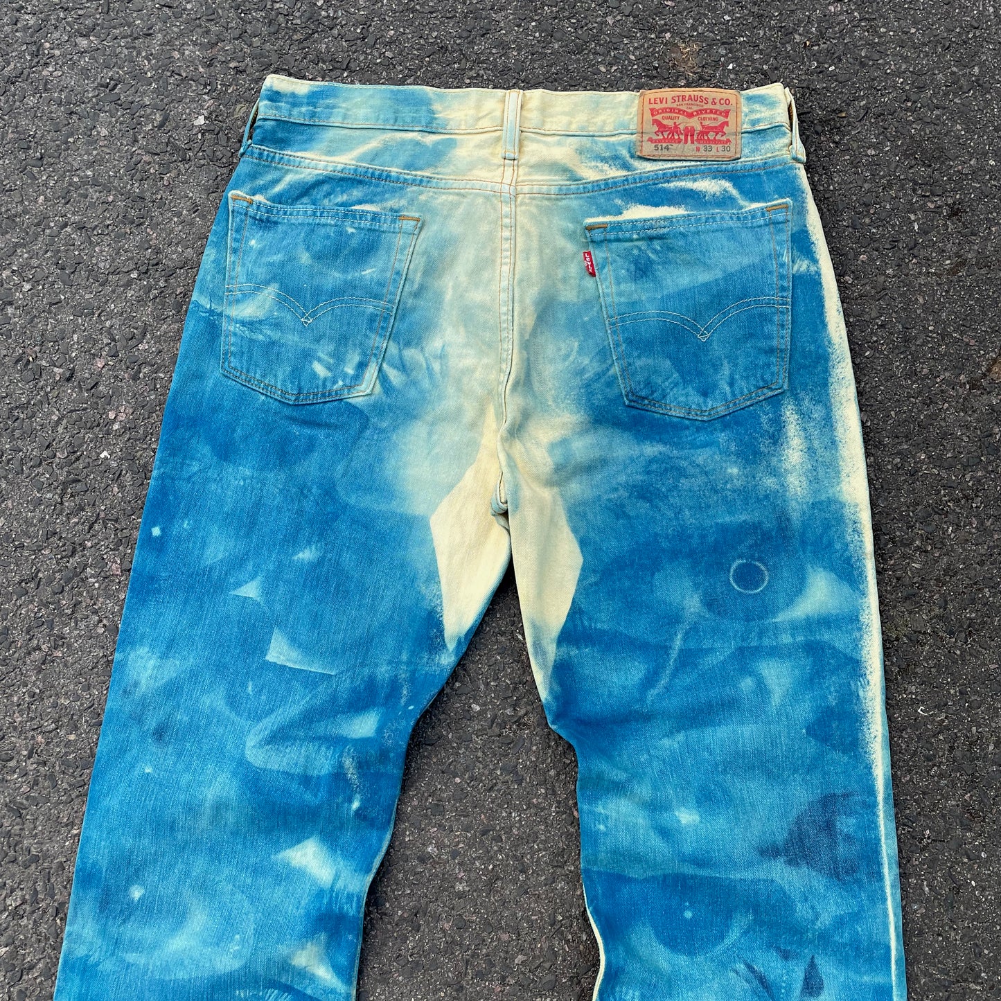 Custom Levi’s Blue Eye Print Jeans – Abstract Bleached Denim 1 of 1 Reworked Art