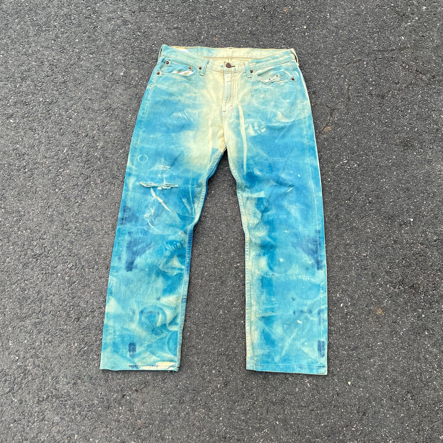 Custom Levi’s Blue Eye Print Jeans – Abstract Bleached Denim 1 of 1 Reworked Art