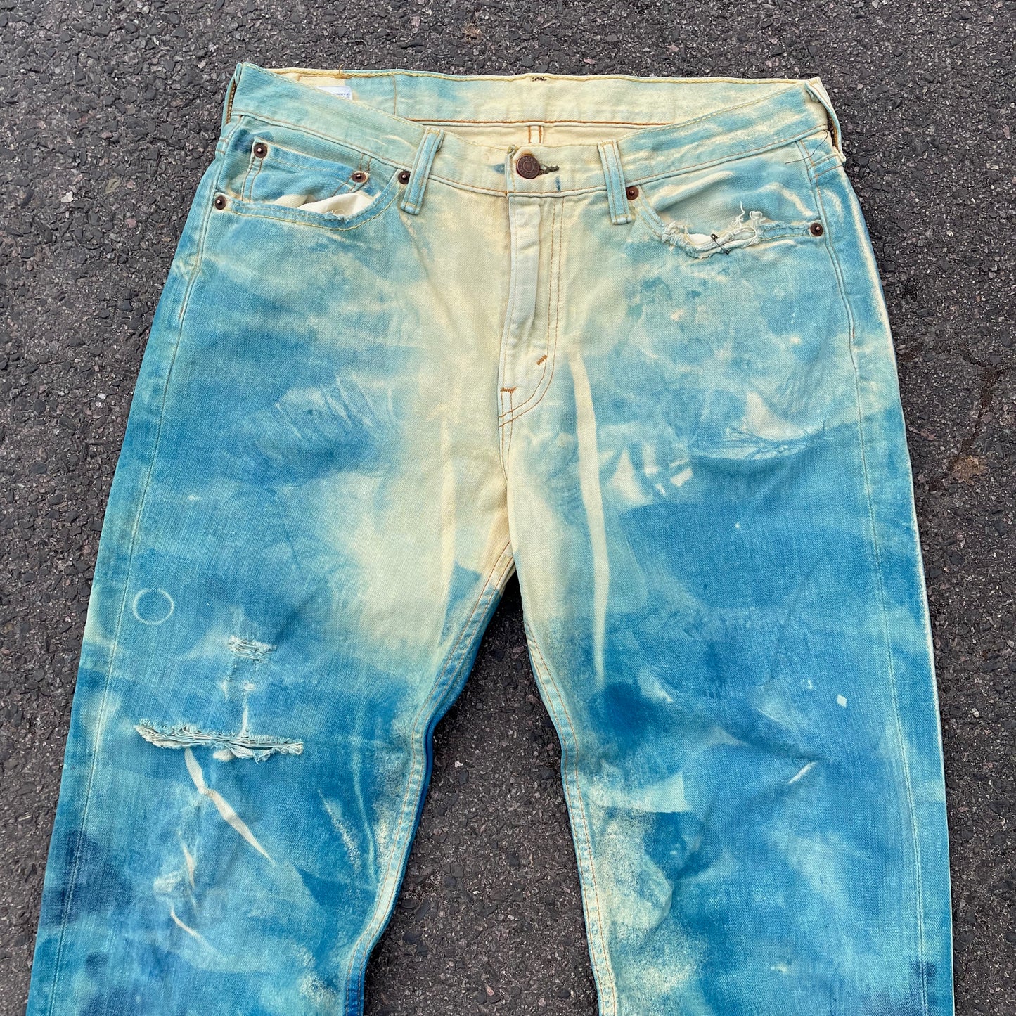 Custom Levi’s Blue Eye Print Jeans – Abstract Bleached Denim 1 of 1 Reworked Art