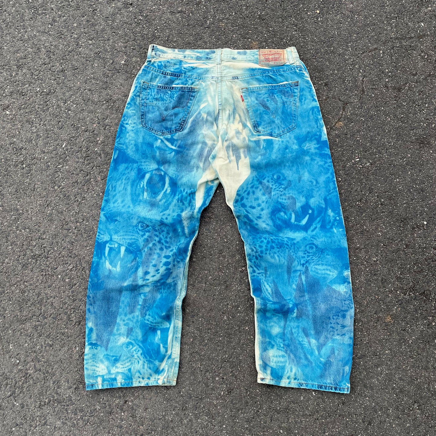 Custom Levi’s Blue Animal Print Jeans – Bleach Patterned Denim | 1 of 1 Vintage Art