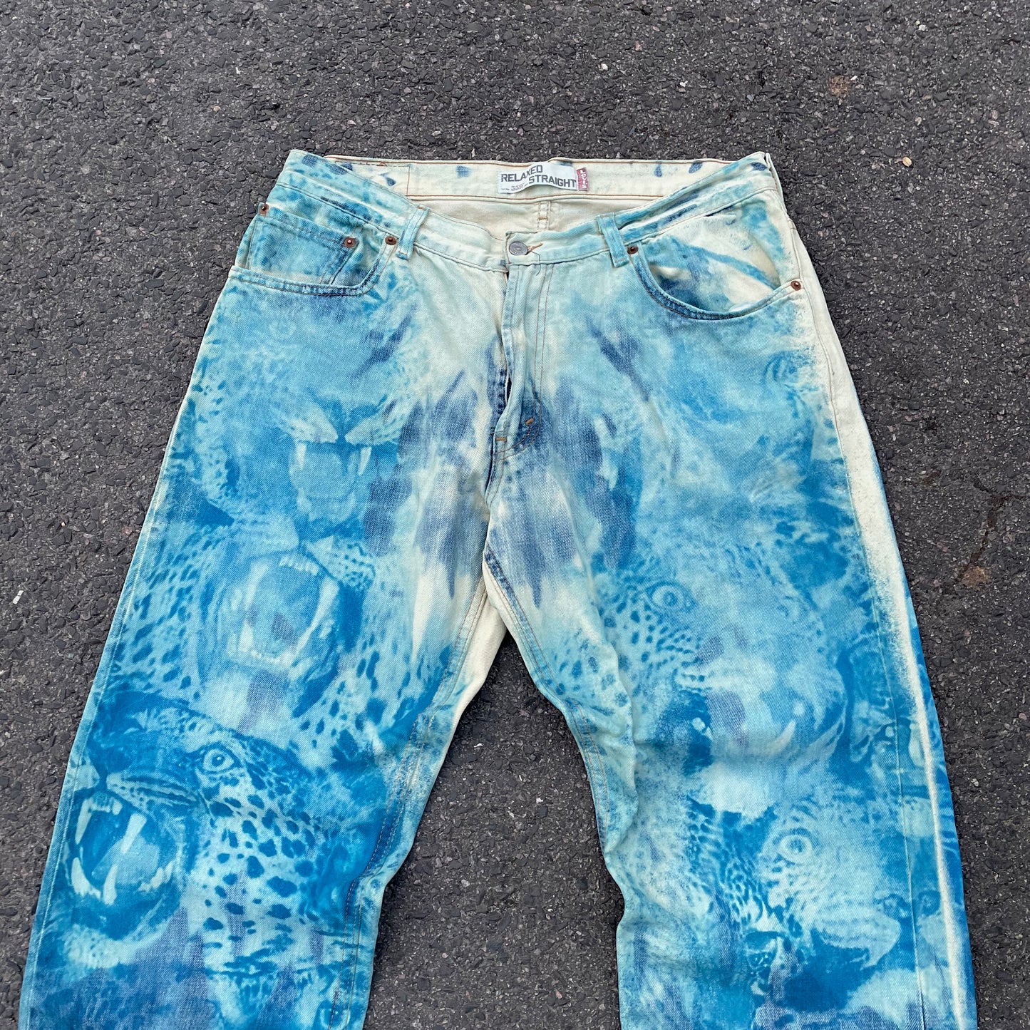 Custom Levi’s Blue Animal Print Jeans – Bleach Patterned Denim | 1 of 1 Vintage Art