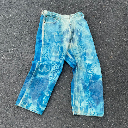 Custom Levi’s Blue Animal Print Jeans – Bleach Patterned Denim | 1 of 1 Vintage Art