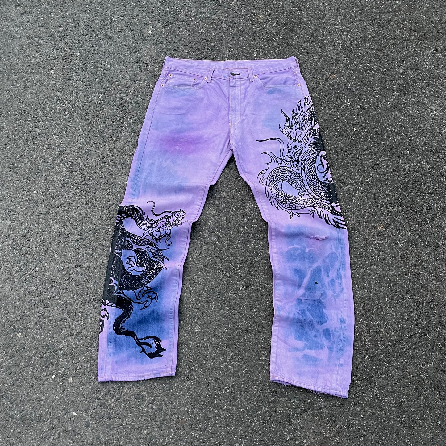 Custom Levi’s Dragon Jeans – Purple & Indigo Gradient with Black Dragon Print | 1 of 1 Vintage Denim Art
