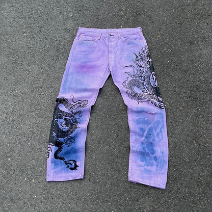 Custom Levi’s Dragon Jeans – Purple & Indigo Gradient with Black Dragon Print | 1 of 1 Vintage Denim Art