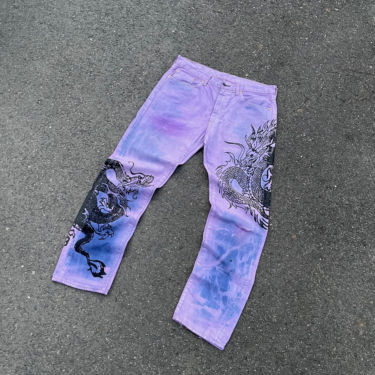 Custom Levi’s Dragon Jeans – Purple & Indigo Gradient with Black Dragon Print | 1 of 1 Vintage Denim Art