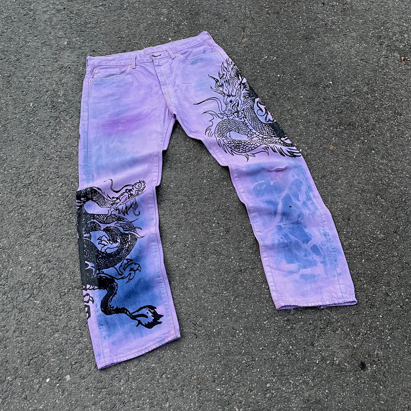 Custom Levi’s Dragon Jeans – Purple & Indigo Gradient with Black Dragon Print | 1 of 1 Vintage Denim Art