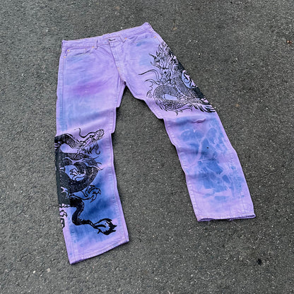 Custom Levi’s Dragon Jeans – Purple & Indigo Gradient with Black Dragon Print | 1 of 1 Vintage Denim Art