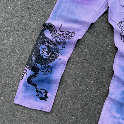 Custom Levi’s Dragon Jeans – Purple & Indigo Gradient with Black Dragon Print | 1 of 1 Vintage Denim Art