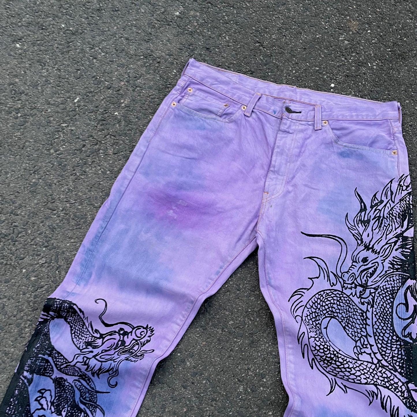 Custom Levi’s Dragon Jeans – Purple & Indigo Gradient with Black Dragon Print | 1 of 1 Vintage Denim Art