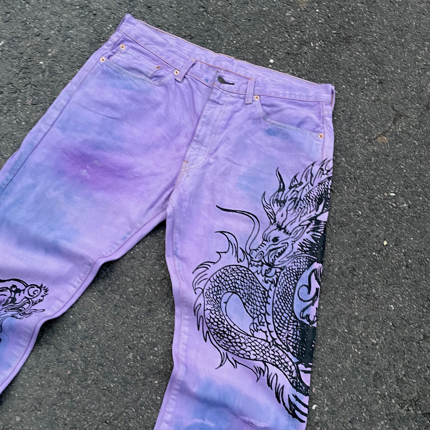 Custom Levi’s Dragon Jeans – Purple & Indigo Gradient with Black Dragon Print | 1 of 1 Vintage Denim Art