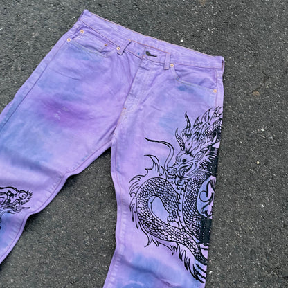 Custom Levi’s Dragon Jeans – Purple & Indigo Gradient with Black Dragon Print | 1 of 1 Vintage Denim Art