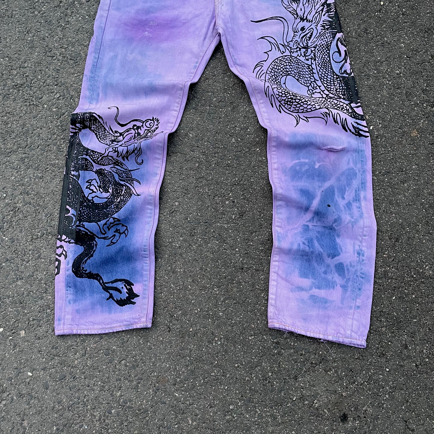 Custom Levi’s Dragon Jeans – Purple & Indigo Gradient with Black Dragon Print | 1 of 1 Vintage Denim Art