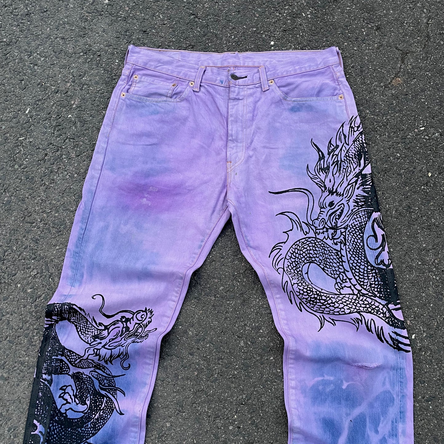 Custom Levi’s Dragon Jeans – Purple & Indigo Gradient with Black Dragon Print | 1 of 1 Vintage Denim Art