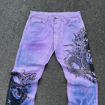 Custom Levi’s Dragon Jeans – Purple & Indigo Gradient with Black Dragon Print | 1 of 1 Vintage Denim Art