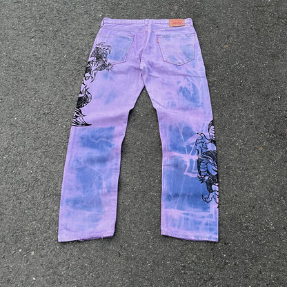 Custom Levi’s Dragon Jeans – Purple & Indigo Gradient with Black Dragon Print | 1 of 1 Vintage Denim Art