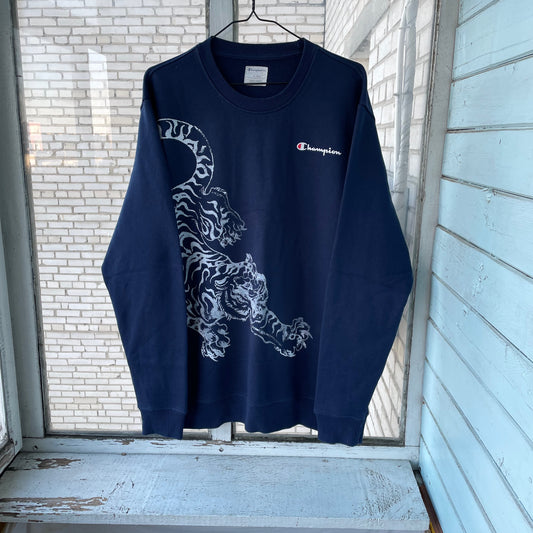 Custom Champion Tiger Sweatshirt – Navy Blue with White Tiger Art | Vintage 1 of 1