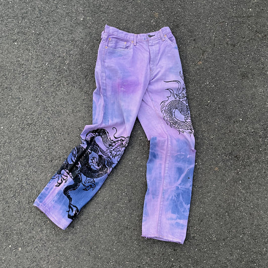 Custom Levi’s Dragon Jeans – Purple & Indigo Gradient with Black Dragon Print | 1 of 1 Vintage Denim Art