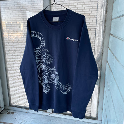 Custom Champion Tiger Sweatshirt – Navy Blue with White Tiger Art | Vintage 1 of 1