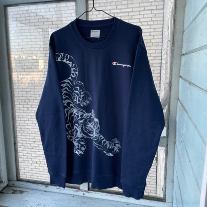 Custom Champion Tiger Sweatshirt – Navy Blue with White Tiger Art | Vintage 1 of 1