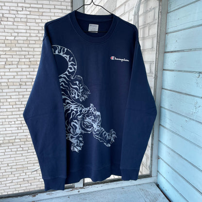 Custom Champion Tiger Sweatshirt – Navy Blue with White Tiger Art | Vintage 1 of 1