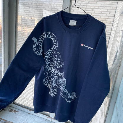 Custom Champion Tiger Sweatshirt – Navy Blue with White Tiger Art | Vintage 1 of 1