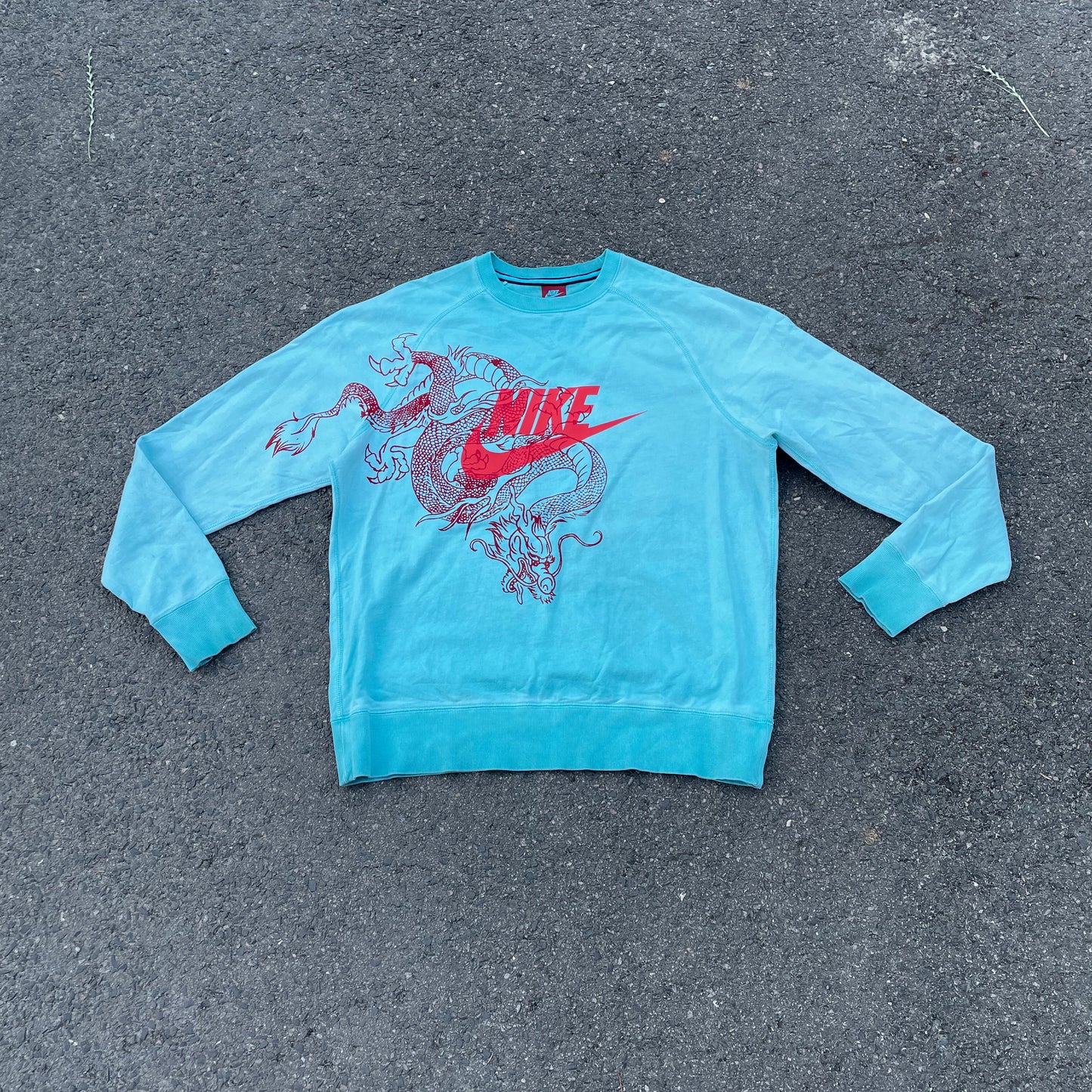 Custom Nike Dragon Sweatshirt – Bright Blue Crewneck with Red Dragon & Logo | Vintage Streetwear 1 of 1