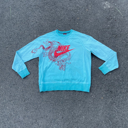 Custom Nike Dragon Sweatshirt – Bright Blue Crewneck with Red Dragon & Logo | Vintage Streetwear 1 of 1