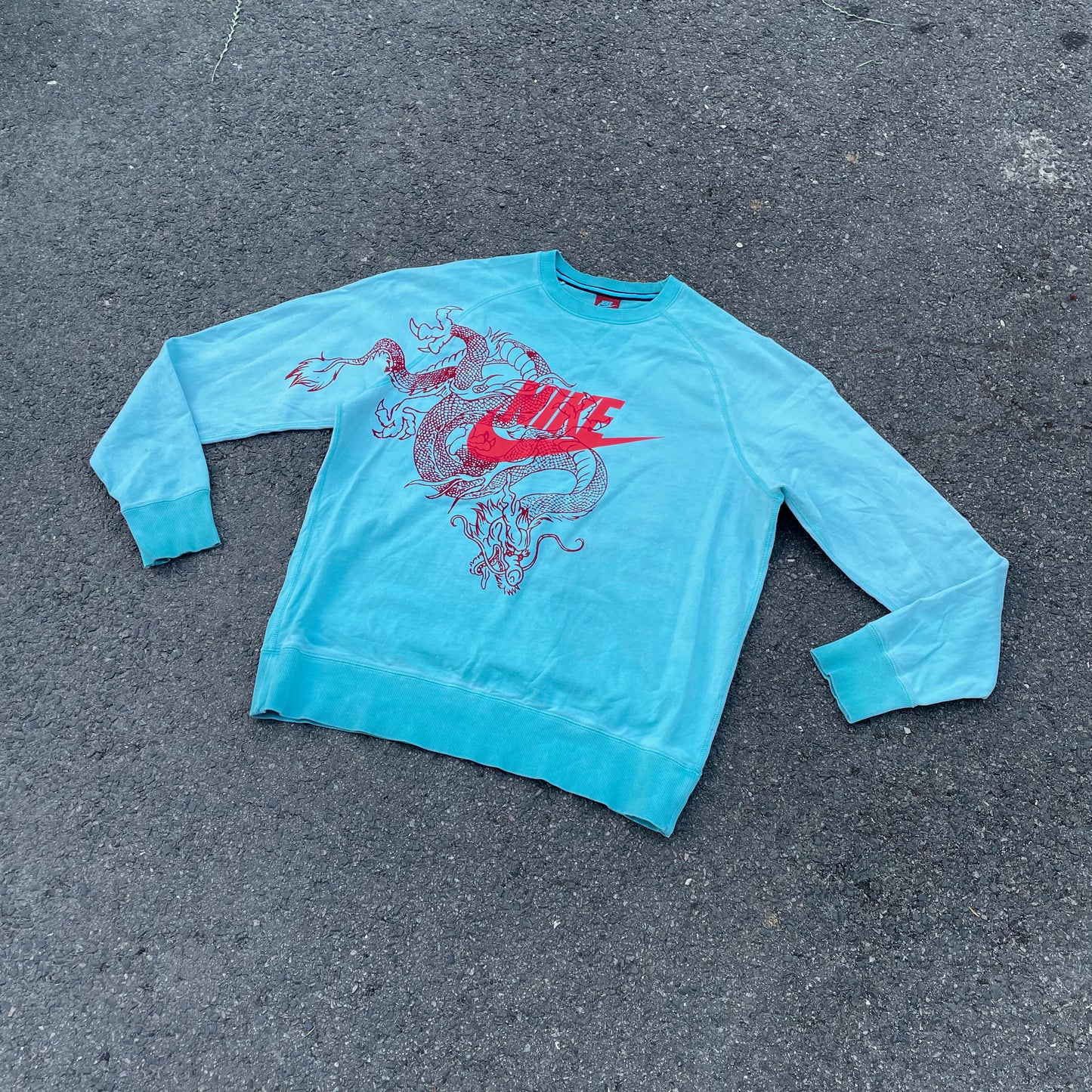 Custom Nike Dragon Sweatshirt – Bright Blue Crewneck with Red Dragon & Logo | Vintage Streetwear 1 of 1