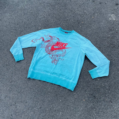Custom Nike Dragon Sweatshirt – Bright Blue Crewneck with Red Dragon & Logo | Vintage Streetwear 1 of 1
