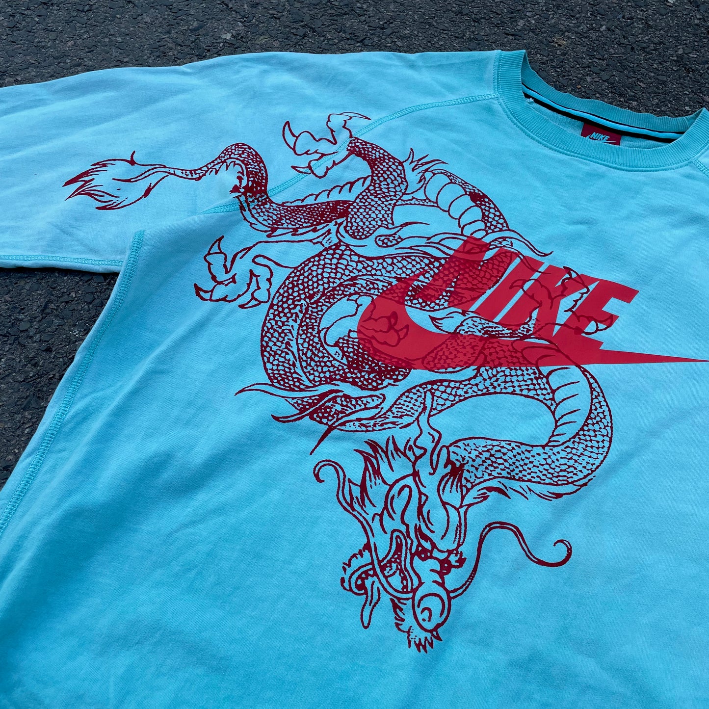 Custom Nike Dragon Sweatshirt – Bright Blue Crewneck with Red Dragon & Logo | Vintage Streetwear 1 of 1