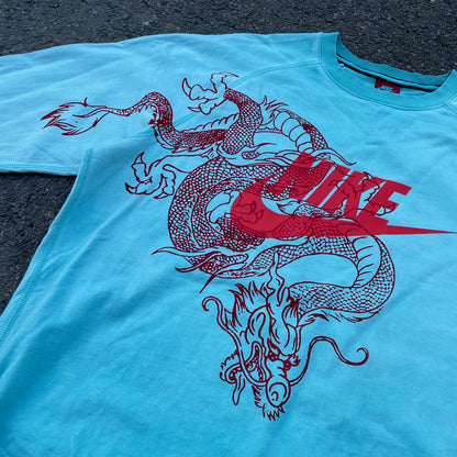 Custom Nike Dragon Sweatshirt – Bright Blue Crewneck with Red Dragon & Logo | Vintage Streetwear 1 of 1