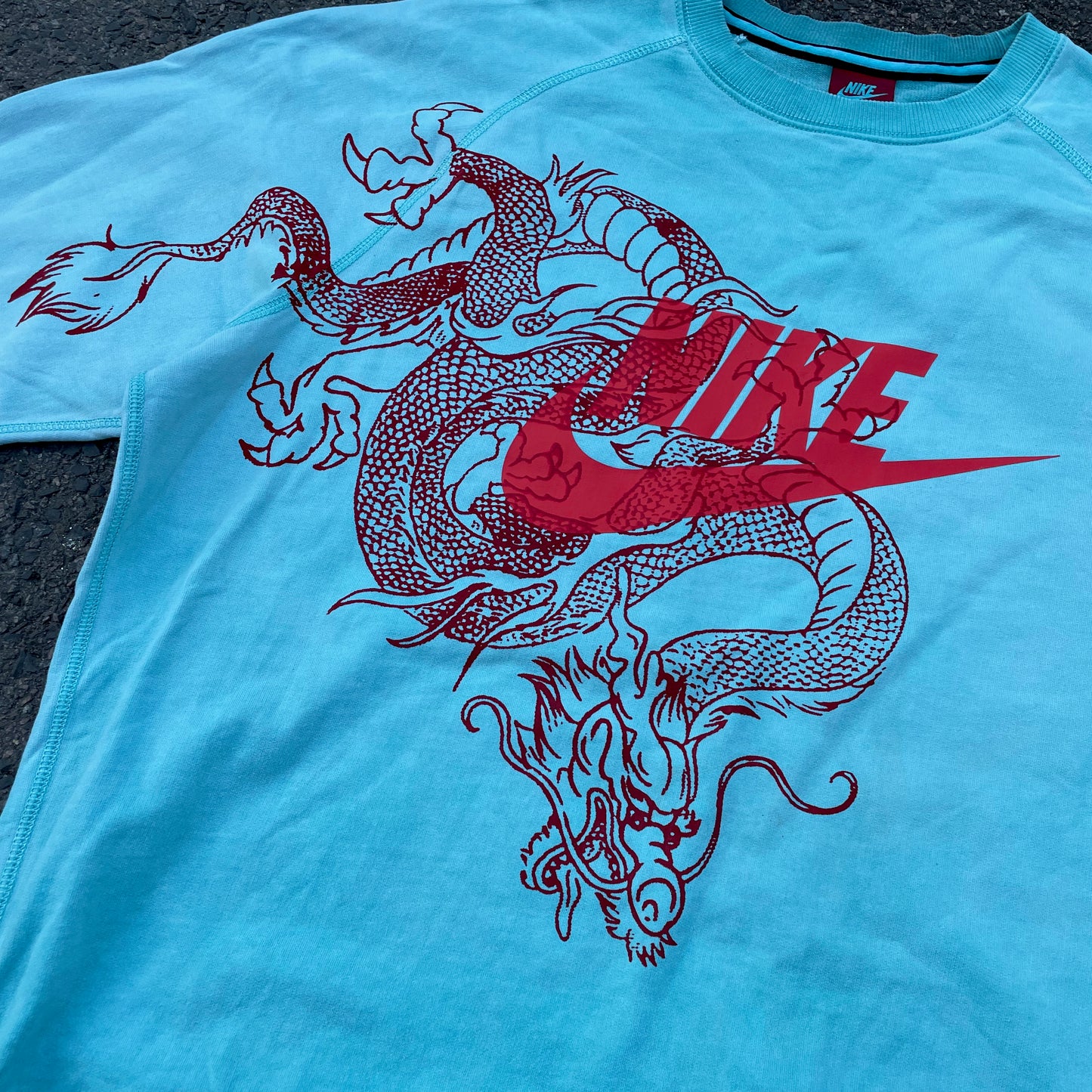 Custom Nike Dragon Sweatshirt – Bright Blue Crewneck with Red Dragon & Logo | Vintage Streetwear 1 of 1
