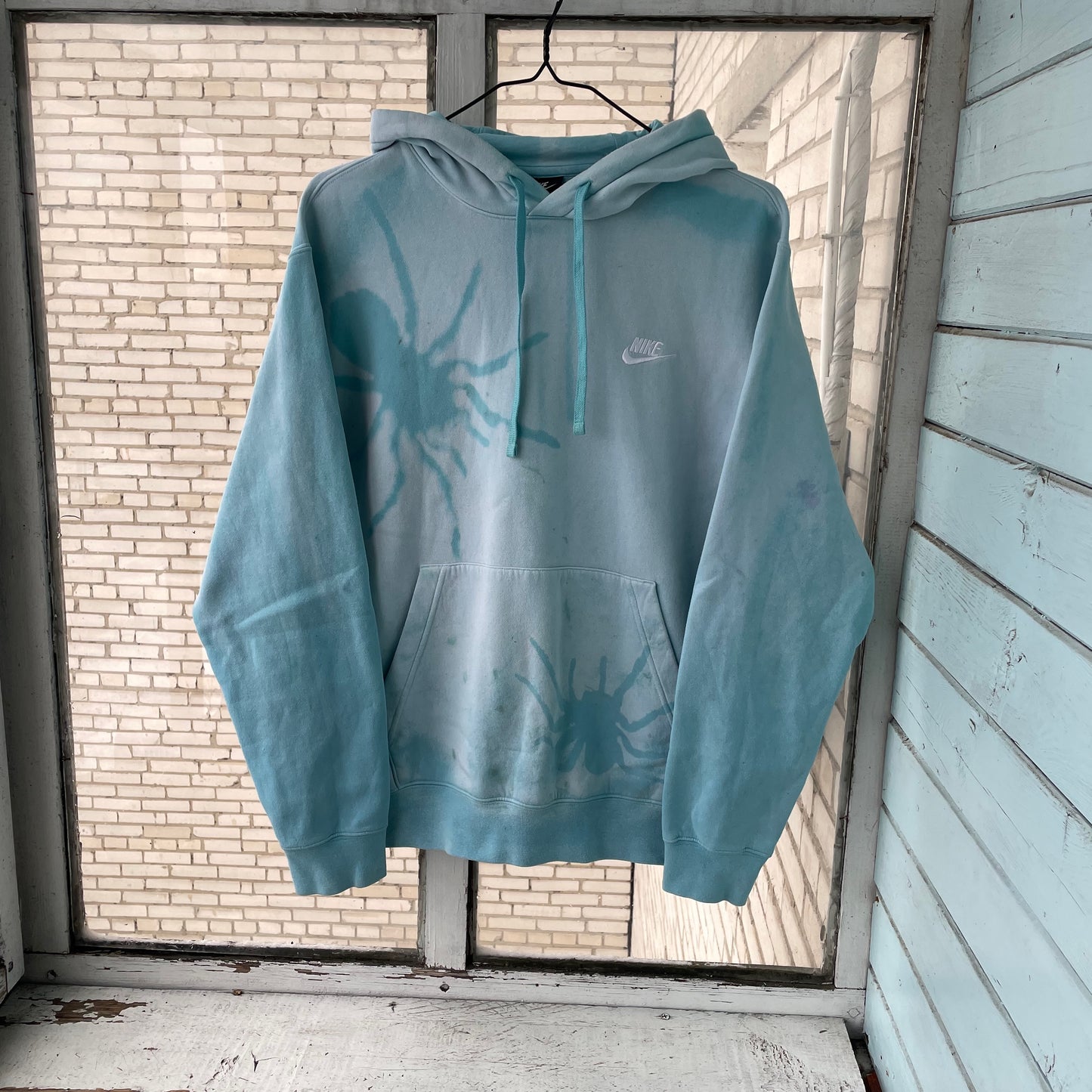 Custom Nike Hoodie – Hand-Faded Aqua Spider Hoodie | Vintage Grunge 1 of 1