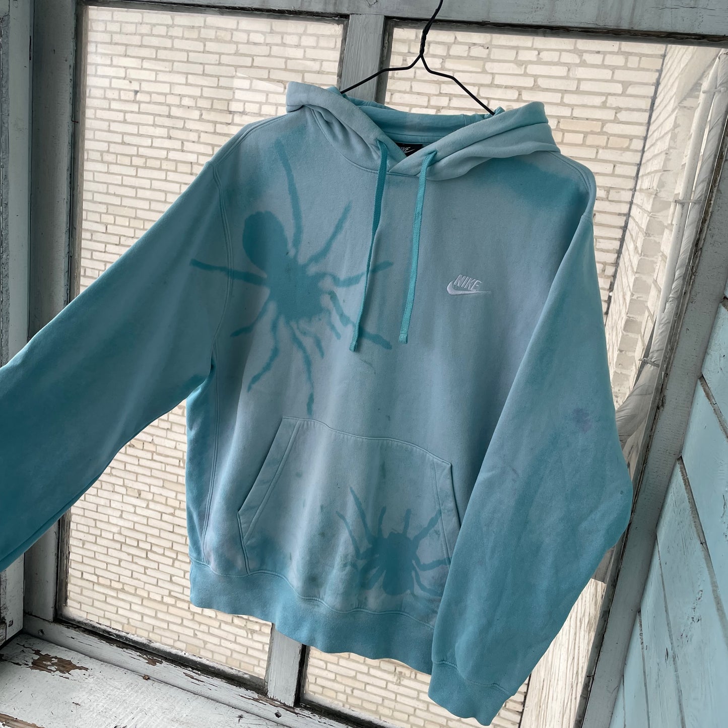 Custom Nike Hoodie – Hand-Faded Aqua Spider Hoodie | Vintage Grunge 1 of 1