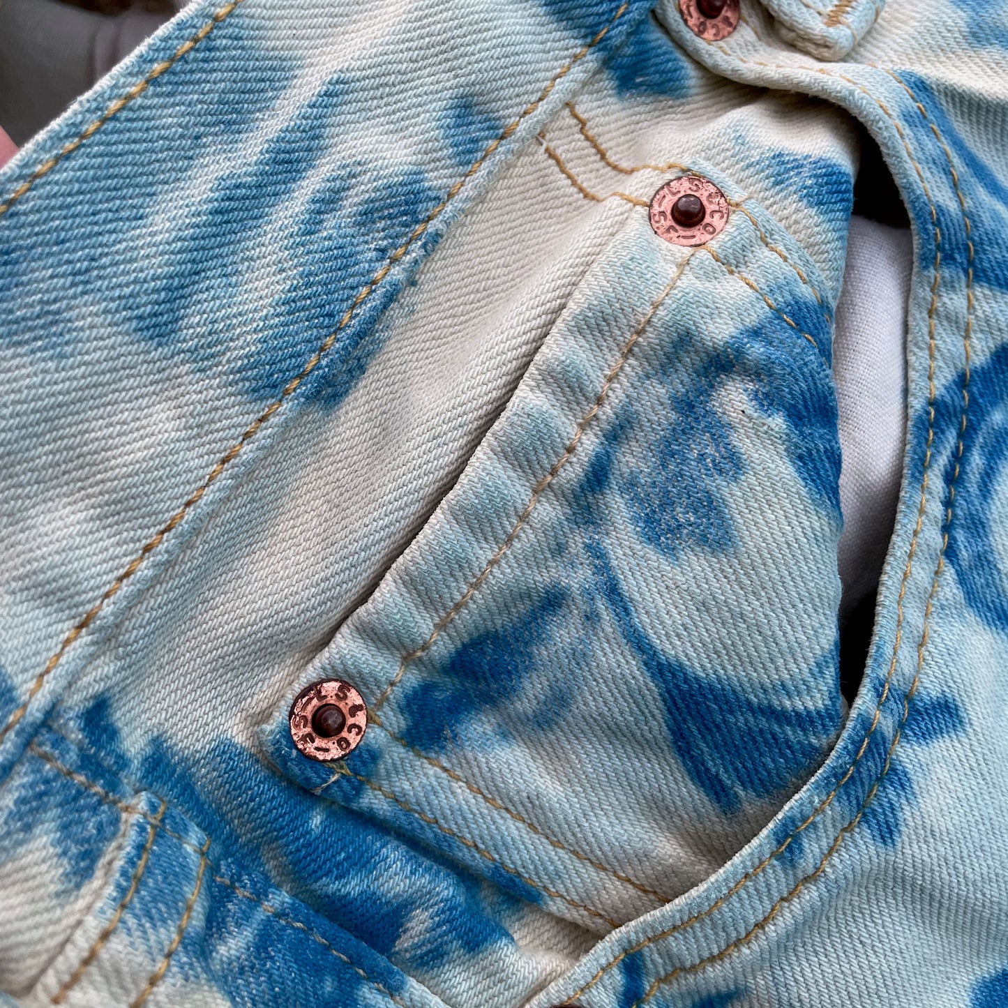Custom Levi’s Flora Pants – Faded Botanical Art in Soft Red | Vintage Denim 1 of 1