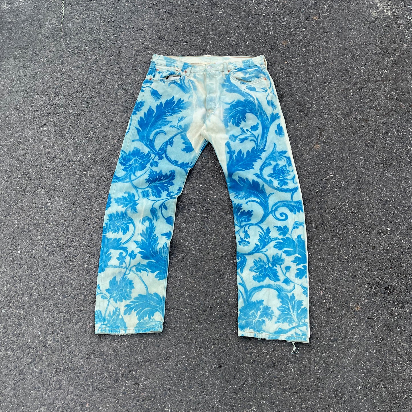 Custom Levi’s Flora Pants – Faded Botanical Art in Soft Red | Vintage Denim 1 of 1