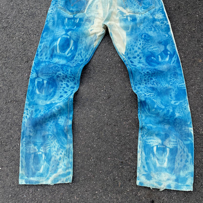 Hand-Reworked Leopard Print Jeans – Blue Art Denim Pants, 1 of 1 Upcycled Piece